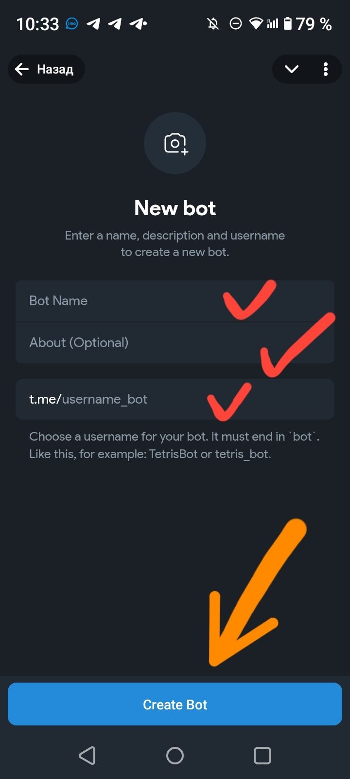 Форма нового бота → Create Bot